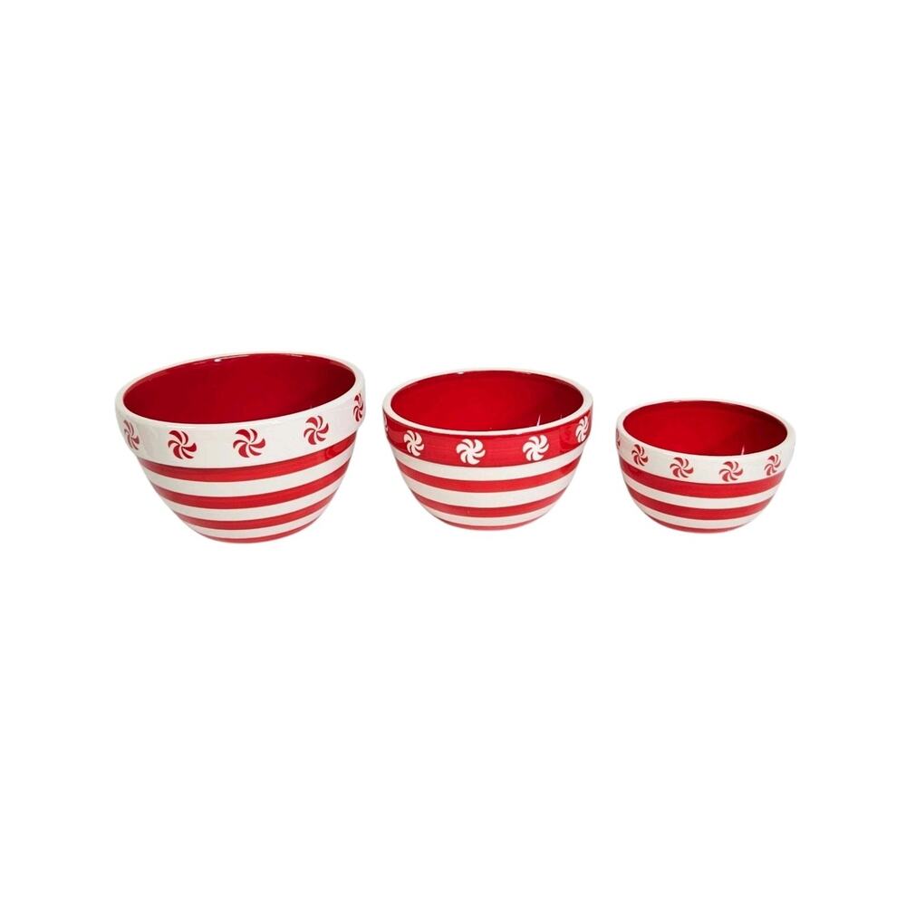 Terramoto Ceramic Red White Striped Peppermint Candy Christmas Nesting Bowl Set
